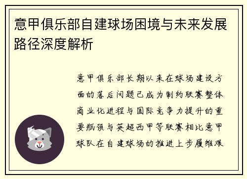 意甲俱乐部自建球场困境与未来发展路径深度解析 意甲俱乐部自建球场困境与未来发展路径深度解析