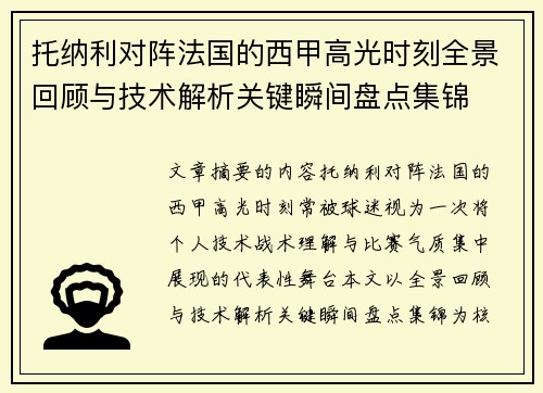托纳利对阵法国的西甲高光时刻全景回顾与技术解析关键瞬间盘点集锦