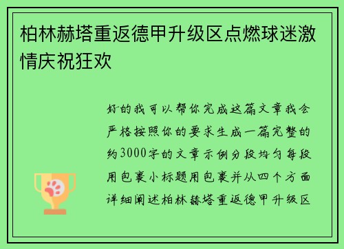 柏林赫塔重返德甲升级区点燃球迷激情庆祝狂欢